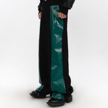 Niche Split Trousers PU Leather Splicing Design Casual Pants Loose High Straight Contrast Color Male Fashion Winter aidase-shop
